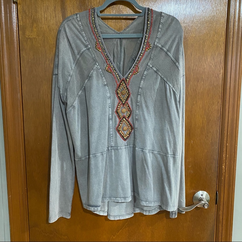 Free People Gray Beaded Mesh Tunic Blouse